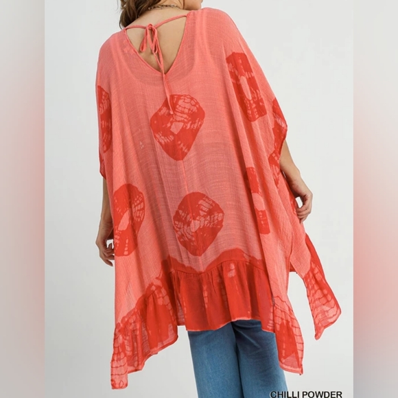Nwt Umgee Circle Tie Dye Red Open Kimono String Tie Ruffle Hem, XL-1X - Picture 2 of 5